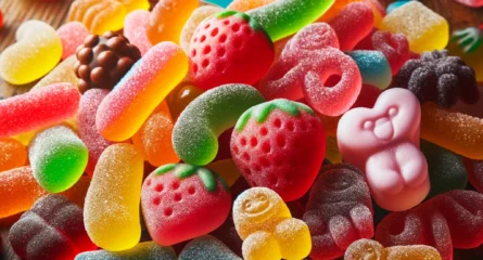 DALL·E 2024 02 15 16.50.25 A High Quality Photograph Capturing A Collection Of Soft Gummy Candies Scattered On A Wooden Surface, Showcasing Their Vibrant Colors And Various Frui